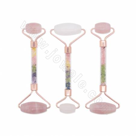 Natural rose quartz double-head roller facial massager acrylic hollow handle（fill with gemstones）length 150mm width 56mm x1piece