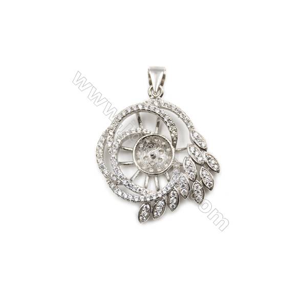 Platinum plated inlaid zircon sterling silver pendant, 25x29 mm, x 5 pcs, tray 8mm, pin 0.6mm