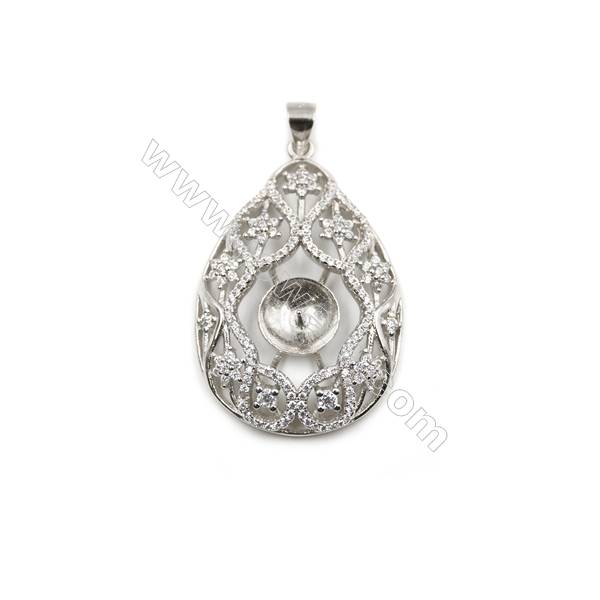 Wholesale sterling silver platinum plated pendant with inlaid zircon, 25x38mm, x 5pcs, tray 9mm, needle 0.4mm