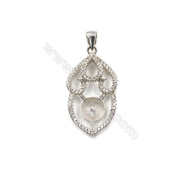 Platinum plated sterling silver inlaid zircon pendant, 15x29mm, x 5pcs, tray 7mm, needle 0.7mm