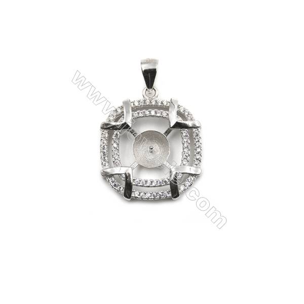 Inlaid zircon 925 sterling silver platinum plated pendant, 20mm, x 5pcs, tray 7mm, pin 0.6mm