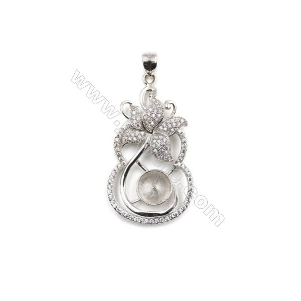 Inlaid zircon  925 sterling silver platinum plated pendant, 21x37mm, x 5pcs, tray 8mm, needle 0.7mm