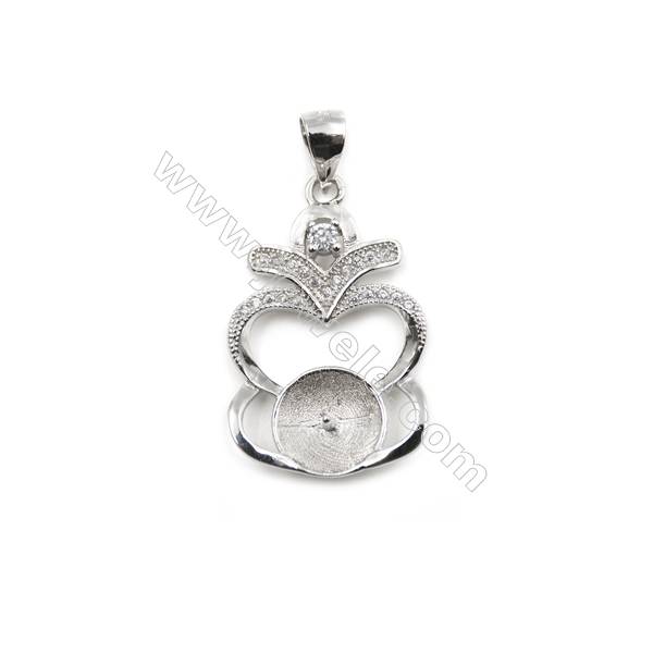 925 Sterling silver platinum plated inlaid zircon pendant, 17x26mm, x 5 pcs, tray 9mm, needle 0.7mm