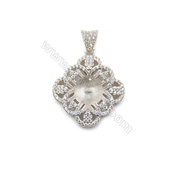 Wholesale 925 sterling silver platinum plated inlaid zircon pendant, 19x22mm, x 5pc, tray 9mm, needle 0.4mm