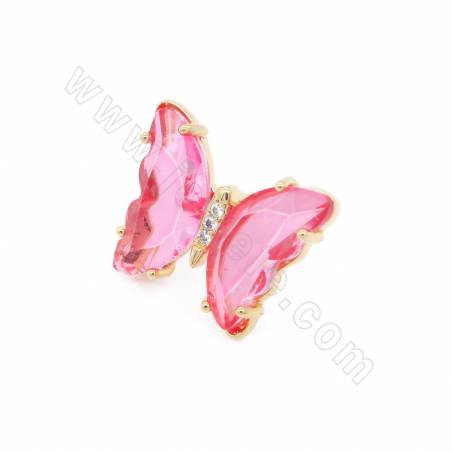 Boucles d'oreilles clou en verre avec boucle en laiton（Gold-Plated）Butterfly size 15×19mm Pin 0.8mm 4 Pairs/Pack