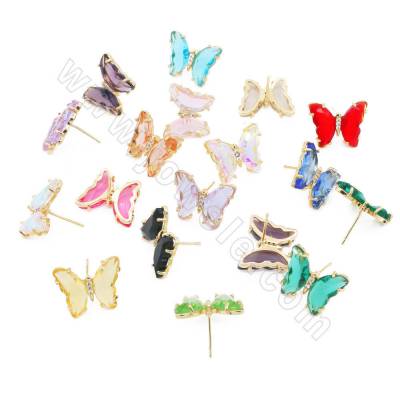 Boucles d'orelles de Papillon en verre  Taille 15×19mm tige 0.8mm 4paires/paquet