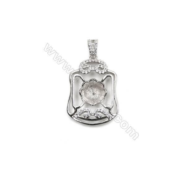 925 sterling silver platinum plated inlaid zircon pendant, 18x26mm, x 5mm, tray 9mm, Pin  0.6mm