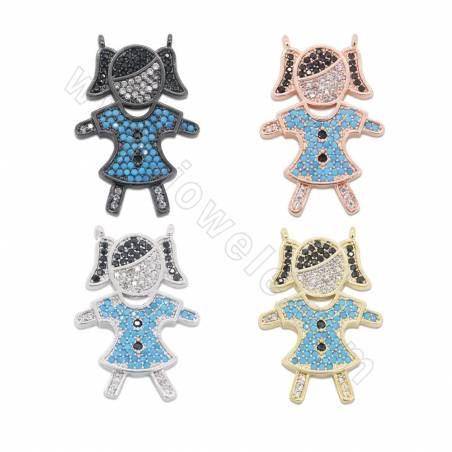 Brass Micro Pave CZ Connector Charms Litter Girl Size 29x29mm Hole 1mm Gold/Platinum/Rose Gold/Gun Black Plated 2pcs/Pack