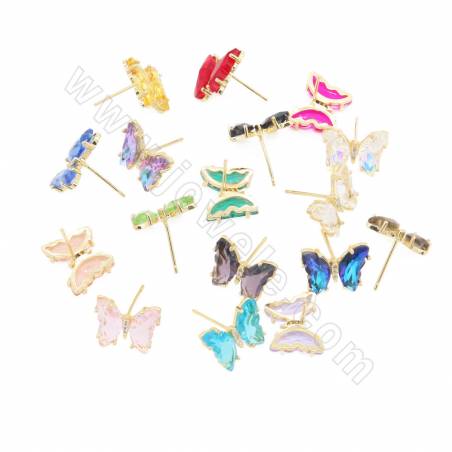 Glasstollenohrringe mit vergoldeten Messingfunden Schmetterlingsgröße 12 × 15 mm Stift 0,8 mm 4 Paar / Pack