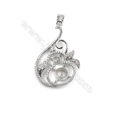 Silver 925 platinum plated inlaid CZ pendant for women jewelry, 24x36mm, x 5 pcs, tray 7mm, needle 0.6mm