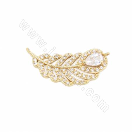 Brass Micro Pave CZ Connector Charms Feather Size 26x12mm Hole 1mm Gold/Platinum/Rose Gold/Gun Black Plated 6pcs/Pack
