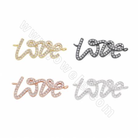 Brass Micro Pave CZ Connector Charms "LOVE" Size 10x27mm Hole 1mm Gold/Platinum/Rose Gold/Gun Black Plated  6pcs/Pack