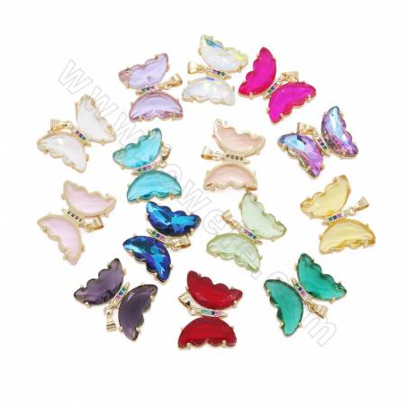 Glasanhänger mit vergoldeten Messingfunden Schmetterlingsgröße 20 × 26 mm Loch 3 × 6 mm 6 Stück / Pack