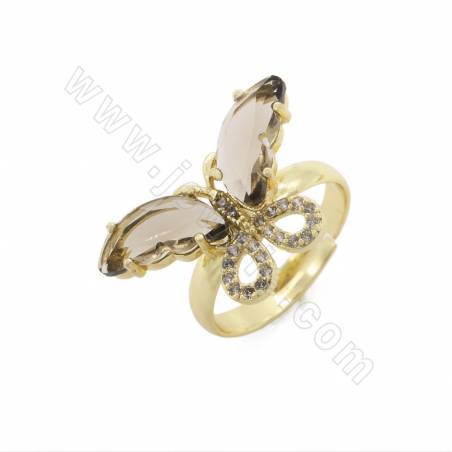 Glass Finger Rings With Gold-Plated Brass Findings  Butterfly  Size 15×22mm Ring Diameter 19mm 5pcs/Pack