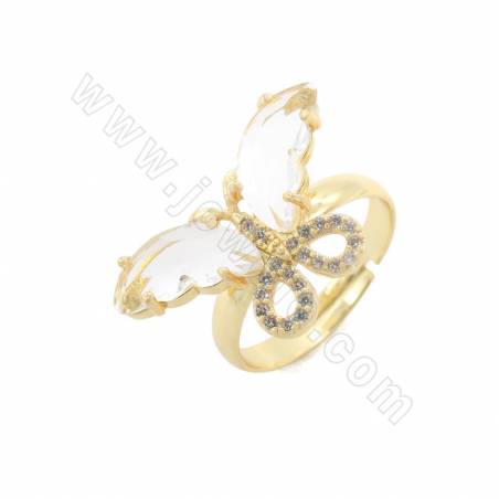 Glass Finger Rings With Gold-Plated Brass Findings  Butterfly  Size 15×22mm Ring Diameter 19mm 5pcs/Pack