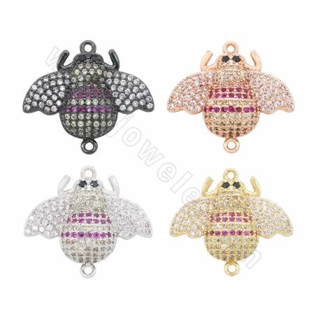 Brass Micro Pave Cubic Zirconia Connector Charms Bees Size 21x19mm Hole 1mm Gold/Platinum/Rose Gold/Gun Black Plated 2pcs/Pack