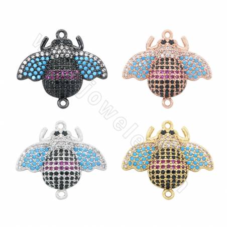 Brass Micro Pave Cubic Zirconia Connector Charms Bees Size  21x19mm Hole 1mm Gold/Platinum/Rose Gold/Gun Black Plated 2pcs/Pack
