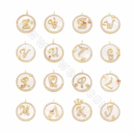 White Shell Pendant With CZ Gold-Plated Brass Setting  Letters A-Z Diameter 17mm Hole 2.5mm  2pcs/Pack