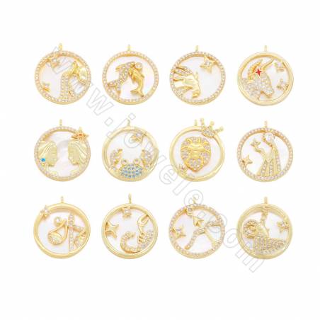 White Shell Pendant With CZ Gold-Plated Brass Setting  12 Constellations Diameter 18.5mm Hole 2.5mm 2pcs/Pack