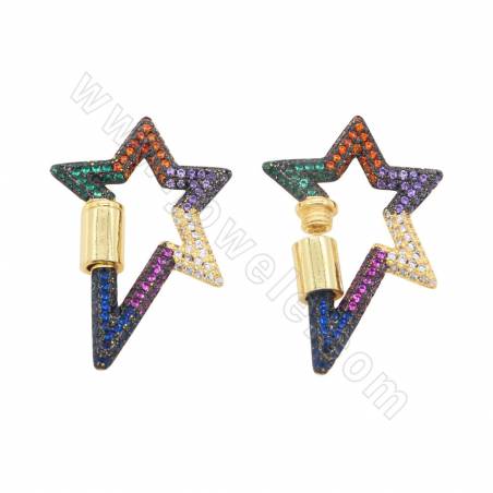 Brass Gold-Plated Micro Pave Cubic Zirconia Screw Charms  Star Size 25×32mm 2pcs/Pack