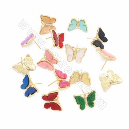 Boucles d'oreilless imitatives de coquilles multicolore papillon  Taille 16×20mm tige 0.7mm 2paires/paquet
