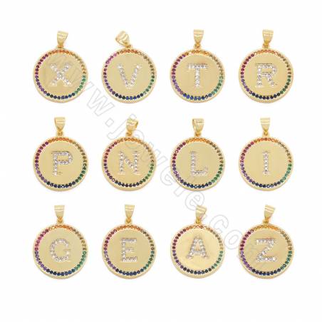 Brass  Gold-Plated Micro Pave Cubic Zirconia Pendant Letters A-Z Diameter 19mm Hole 4×6mm 6pcs/Pack