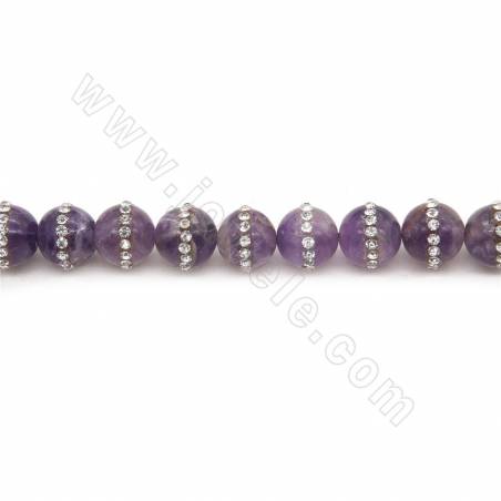 Perles Améthyste avec strass ronde sur fil Taille 10mm trou 1mm 15~16"/fil