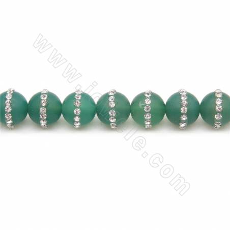 Perles Agate verte avec strass mate ronde sur fil Taille 12mm trou 1mm environ 31perles/fil
