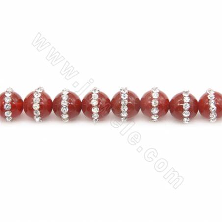 Natural Red Agate Beads Strand With Rhinestone Round Diameter 8mm Hole 1mm Length 39~40cm/Strand