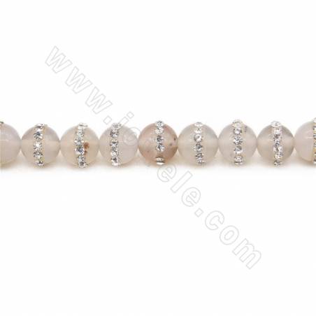 Natural Grey Agate Beads Strand With Rhinestone Round Diameter 8mm Hole 1mm Length 39~40cm/Strand