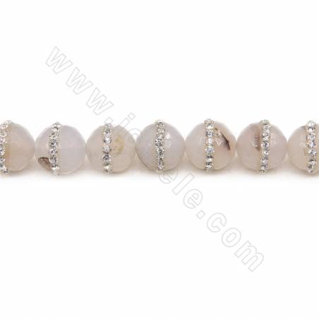 Perles Agate grise ronde avec zircon sur fil  Taille 14mm trou 1.2mm environ 38perles/fil