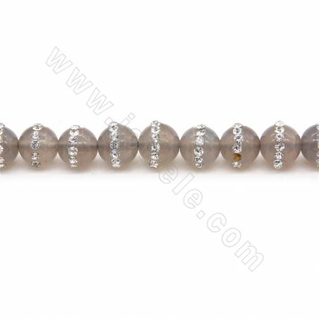 Natural Grey Agate Beads Strand With Rhinestone Round Diameter 8mm Hole 0.8mm Length 39~40cm/Strand