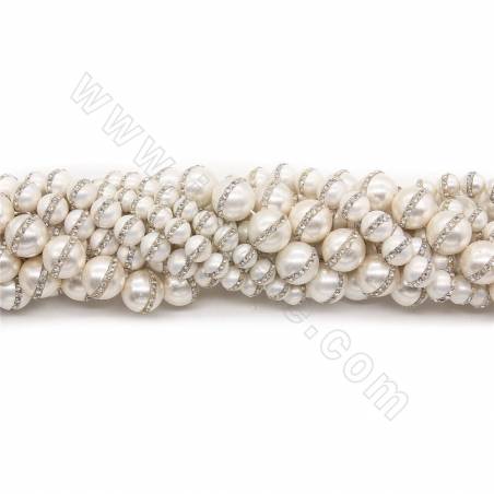 Perles Nacre de galvanoplastie  avec zircon ronde sur fil  Taille 8-14mm trou 0.8~1mm 15~16"/fil