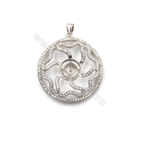 Sterling silver platinum plated micro pave CZ Pendants, 32mm, x 5pcs, tray 10mm, pin 0.4mm
