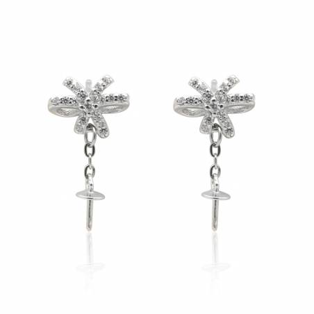 925 Sterling Silver CZ Stud Earring Setting  For Half Drilled Beads 7x10mm Pin 0.8mm Tray3.5mm Platinum Plated 2pcs/Pack