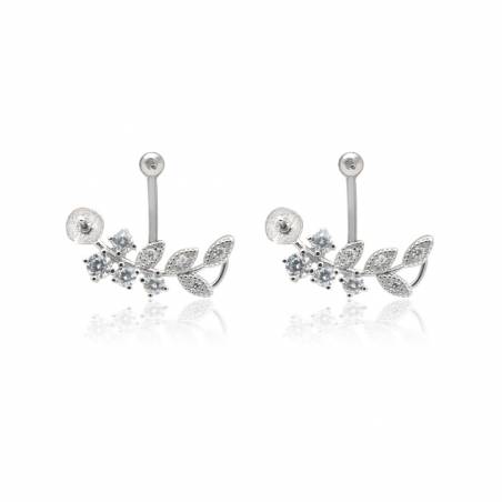 925 Sterling Silver CZ Stud Earring Settings For Half Drilled Beads 8x19mm Pin 0.7mm Tray 4mm Platinum Plated 2pcs/Pack