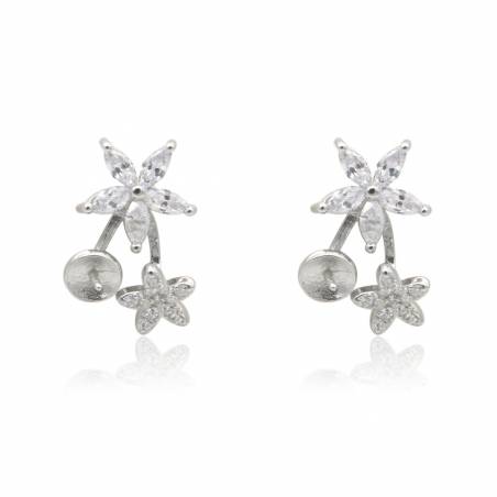 925 Sterling Silver  CZ  Stud Earring Settings For Half Drilled Bead10x14mm Pin 0.7mm Tray 5mm Platinum Plated 2pcs/Pack