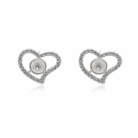 Coeur Clou d'oreille pour perles semi-percée en argent 925 rhodié avec Zirconium-E2662 11x14mm x 1paire