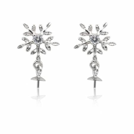 925 Sterling Silver With CZ Stud Earring Setting For Half-Drilled Beads Leaf Size 19x11mm Pin 0.6mm Tray 3.3mm 6pcs/pack