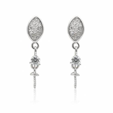 925 Sterling Silver Dangle Earring Findings With CZ For Half-drilled Beads Size 25x5mm Pin 0.7mmTray 3.5mm 4pcs/pack