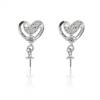 925 Sterling Silver Heart Dangle Earring Setting With CZ For Half-drilled Beads Size 16x8mm Pin 0.4mm Tray 3mm 4pcs/Pack