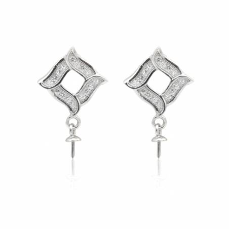 CZ 925 Sterling Silver Stud Earring Findings, for Half-drilled Beads, Rhombus, Size 20x12mm, Pin 0.5mm, Tray 3mm, 4pcs/pack