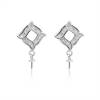925 Sterling Silver CZ Rhombus Stud Earring Setting For Half-drilled Beads Size 20x12mm Pin 0.5mm Tray 3mm 4pcs/Pack