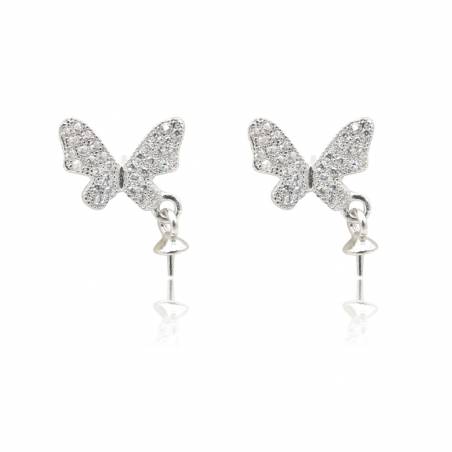 925 Sterling Silver CZ Butterfly Stud Earring Setting For Half-drilled Beads Size 19x11mm Pin 0.5mm Tray 3.6mm 2pcs/Pack
