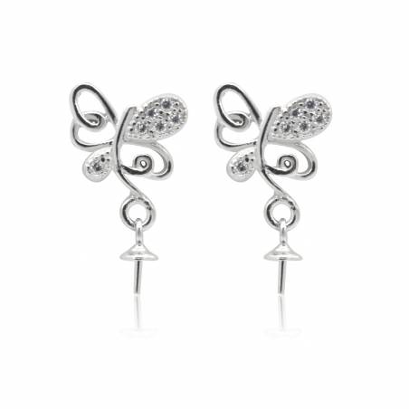 CZ 925 Sterling Silver Dangle Earring Findings, for Half-drilled Beads, Size 15x9mm, Pin 0.5mm, Tray 3.3mm, 4pcs/pack