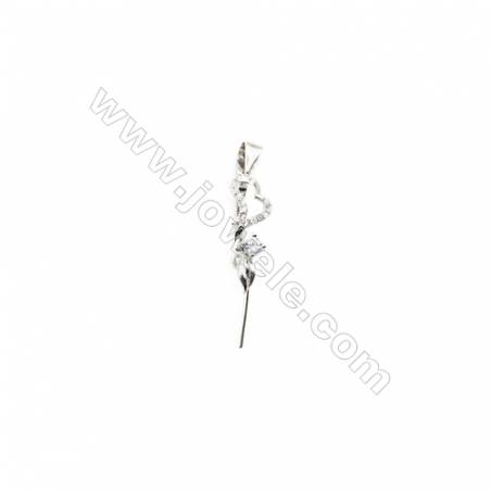 925 Sterling Silver Heart Pinch Bail  Rhodium  6x23mm  Pin 0.76mm  Cubic Zirconia Micro Pave