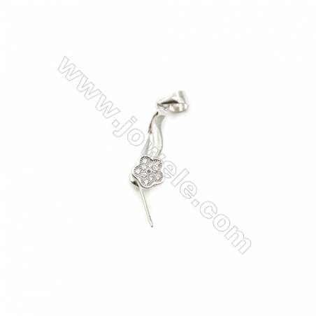 925 Sterling Silver Flower Pinch Bail  Rhodium  6x21mm  Pin 0.8mm  Cubic Zirconia Micro Pave