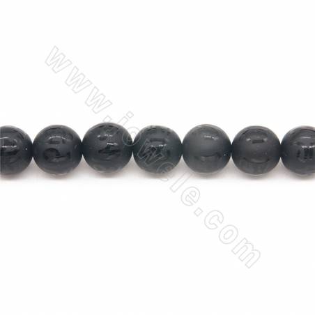 Heated Matte Black Agate Beads Strand With Tibetan Script Round Diameter 12mm Hole 1.2mm Length 39~40cm/Strand