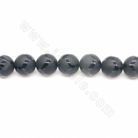 Heated Matte Black Agate Beads Strand With Pattern Round Diameter  14mm Hole 1.5mm Length 39~40cm/Strand