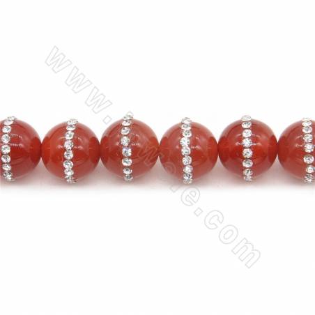 Perles Agate rouge avec strass ronde sur fil Taille 10mm trou 1.2mm 15~16"/fil